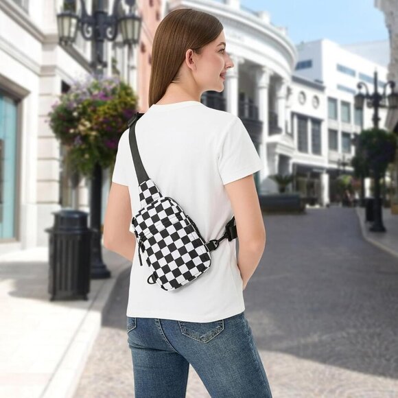 Stylish Water-Resistant Checkered Crossbody Sling Bag for Active Lifestyles - Picture 3 of 7